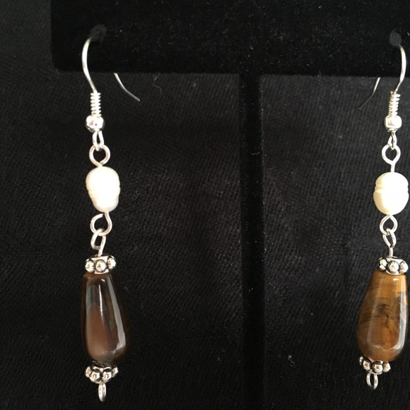 New Handmade Freshwater Pearl Tiger Eye Earrings - Picture 2 of 3